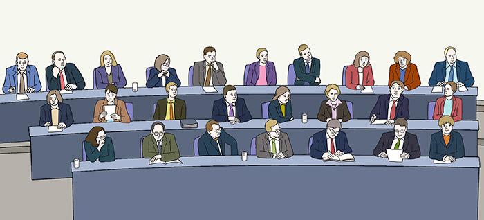 Illustration von Politikern und Politikerinnen bei der Arbeit