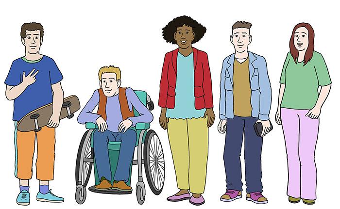 Illustration von Jugendlichen mit und ohne Behinderung