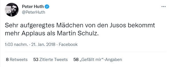 Tweet von Peter Huth: "Sehr aufgeregtes Mädchen von den Jusos bekommt mehr Applaus als Martin Schulz."
