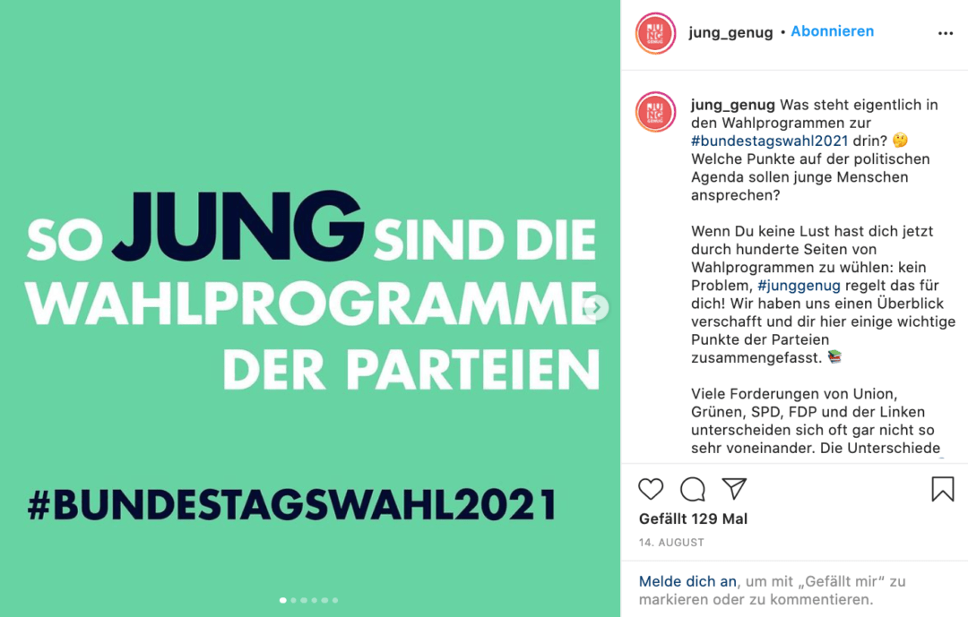 Instagram-Post @jung_genug "So jung sind die Wahlprogramme der Parteien"