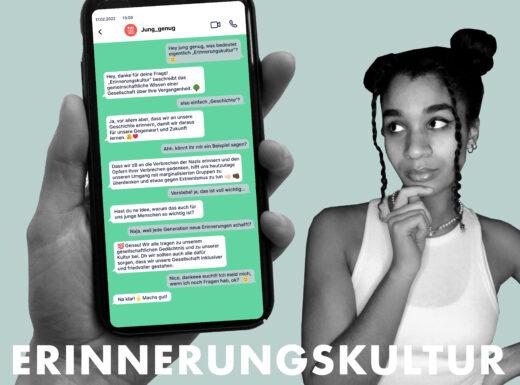 Eine junge Frau, die fragend auf ihr Handy schaut