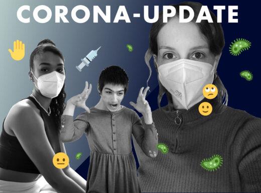 3 Menschen, 2 mit Maske, der andere schüttelt den Kopf, Corona-Update