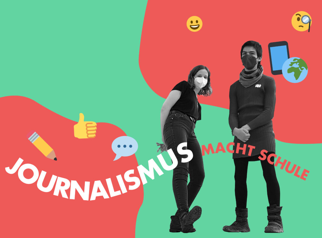 2 Teammitglieder vor einer grün/roten Wand: Journalismus macht Schule