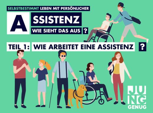 Infografik mit Pictogrammen; Selbstbestimmt Leben mit persönlicher Assistenz. Wie sieht das aus? Teil 1: Wie arbeitet eine Assistenz